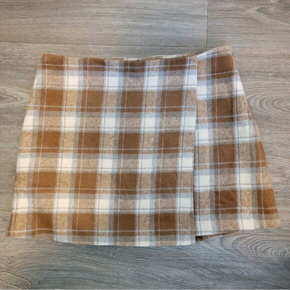 Lulu's Dresses & Skirts - Lulus Mad for Plaid Brown and Blue Plaid Faux Wrap Mini Skirt Xlarge